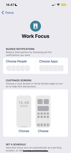 Cuplikan layar menampilkan halaman tempat Anda dapat menyesuaikan mode Fokus Kerja di iOS