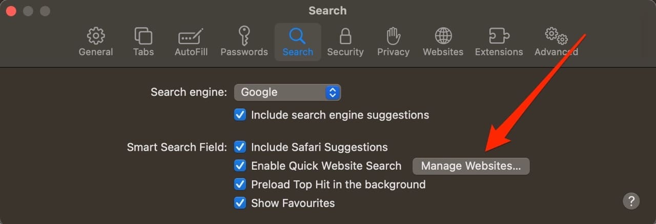 Skærmbillede, der viser, hvordan du administrerer websteder i Safari til Mac 