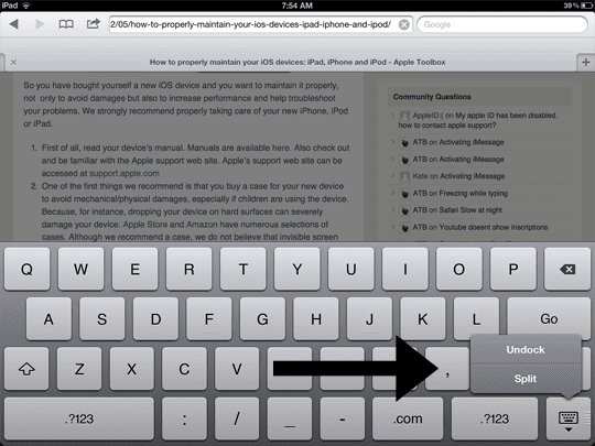 Diviser le clavier de l'iPad