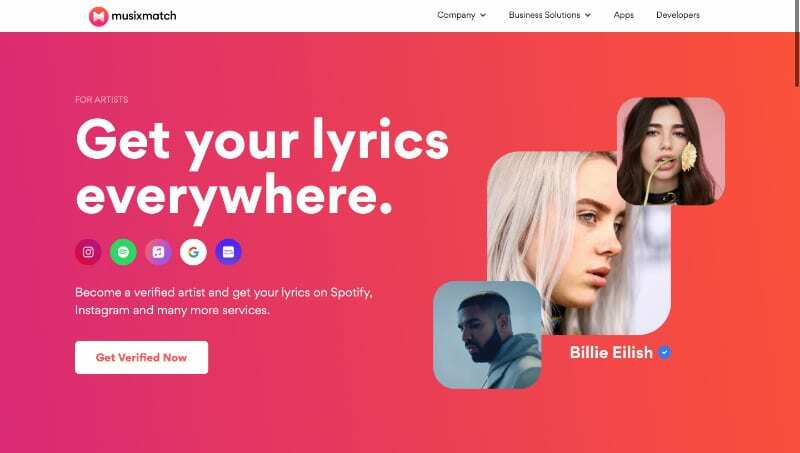 Gumb Musixmatch Get Verified Now na zaslonu izvajalcev