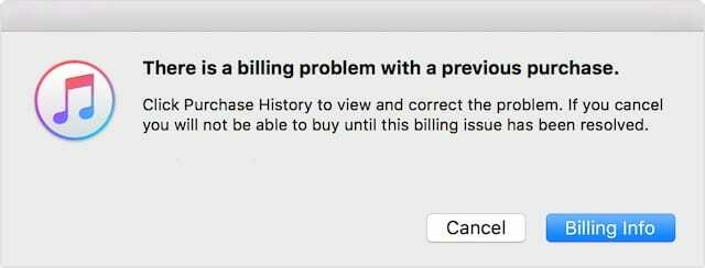 הודעת שגיאה של iTunes, בעיית חיוב