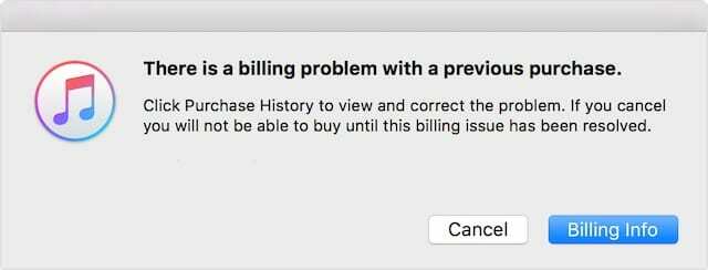 iTunes შეცდომის შეტყობინება, ბილინგის პრობლემა