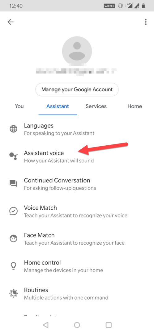 Byt till Assistent-fliken och välj Assistant Voice-alternativet
