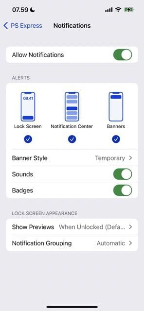 captura de pantalla que muestra la configuración de notificaciones para una determinada aplicación en ios