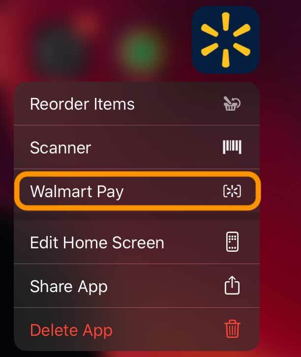haptic touch Walmart fizetés a gyorsmenüből