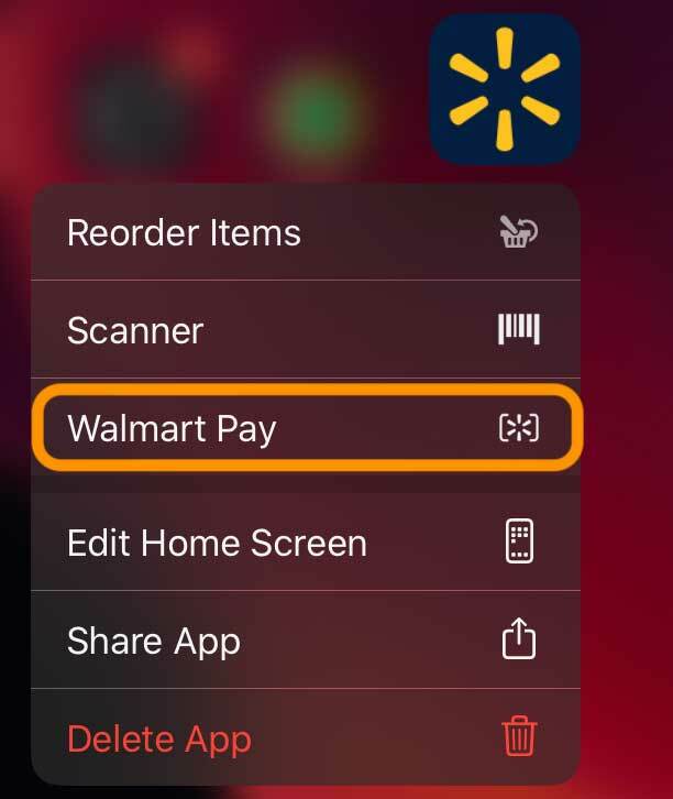 haptic touch walmart payer à partir du menu d'action rapide