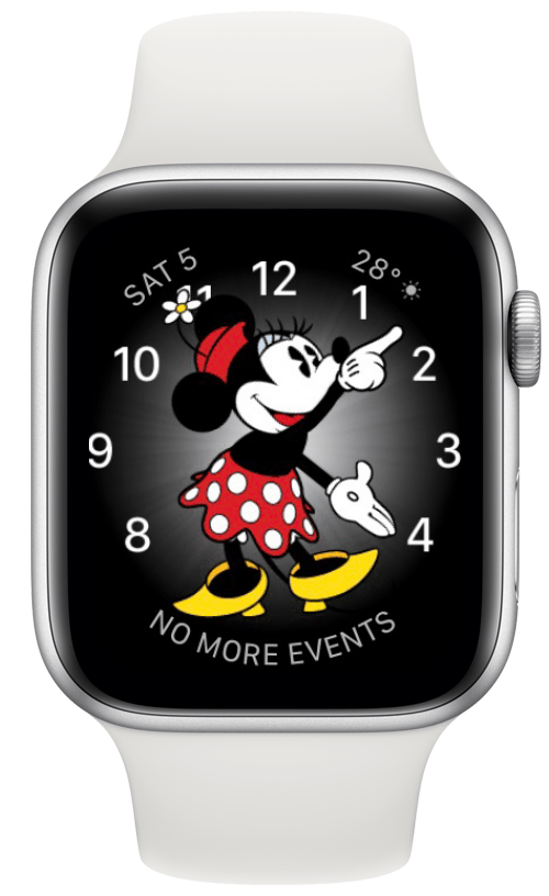 Plaats twee vingers op je verlichte wijzerplaat en Minnie vertelt je hoe laat het is.