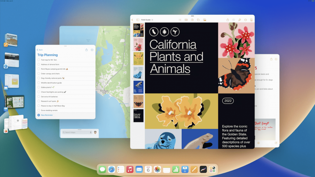 Pilt Apple WWDC esitlusest, mis näitab Stage Manageri funktsioone iPadis, sealhulgas mitut kattuvat rakenduse akent, mille all on dokk ja rohkem rakendusi vasakul.