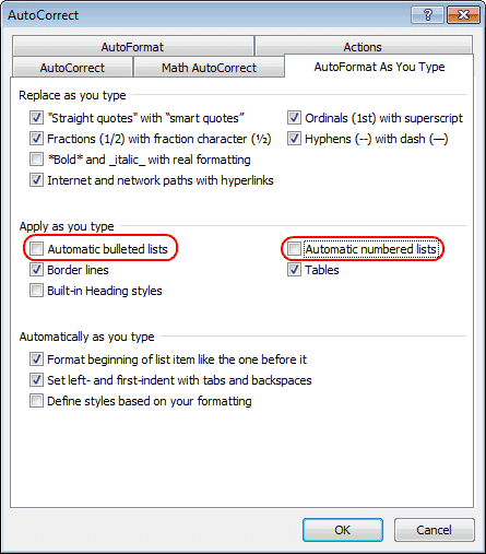 „Word 2010“ automatinio numerio ir ženklelių parinktys