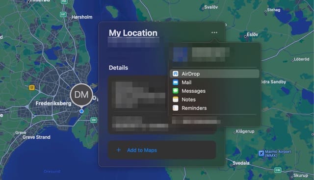 Opzioni di condivisione Schermata di Apple Maps Mac