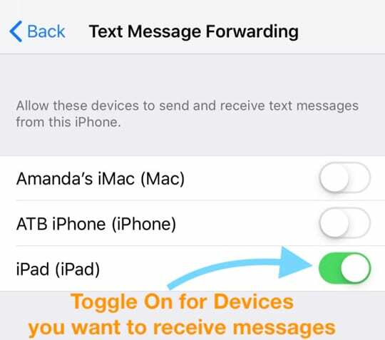 הגדרות עבור מכשירים לשלוח ולקבל הודעות טקסט מ- iPhone