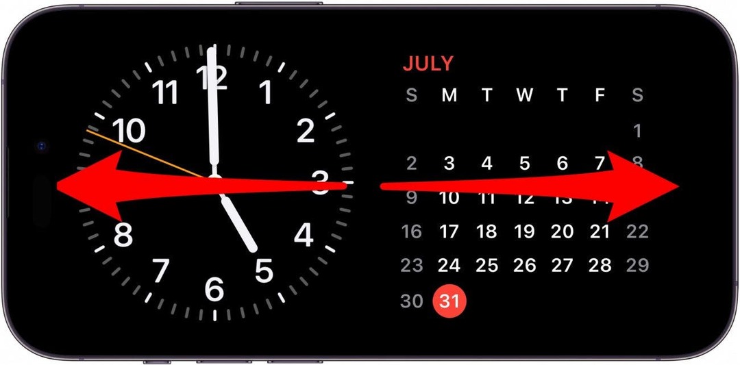 時計とカレンダーのウィジェットを備えた iPhone のスタンバイ画面、および左右のスワイプを示す左右を指す赤い矢印