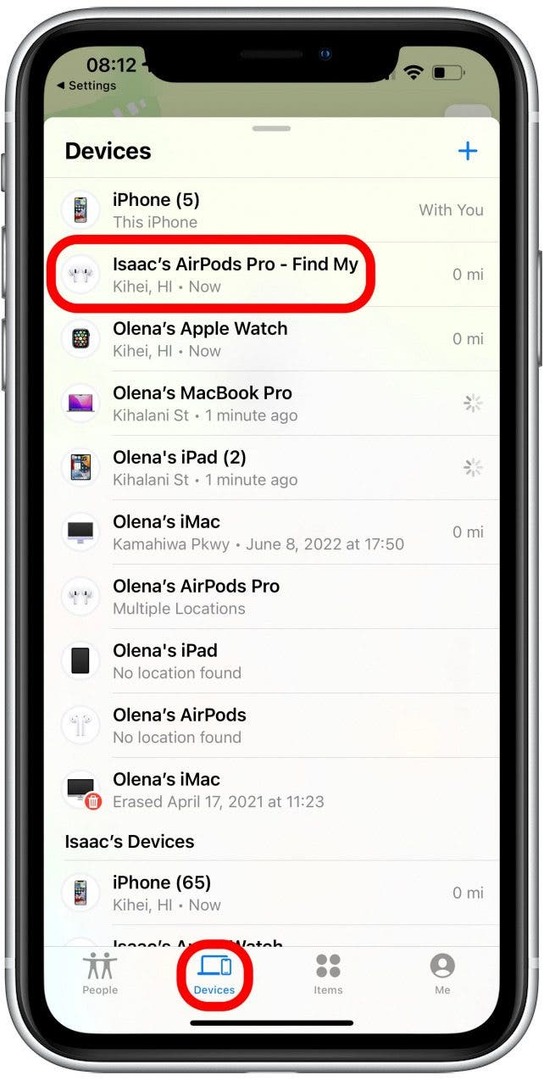 მიუხედავად იმისა, რომ შესაძლებელია მესამე მხარის ყურსასმენების დამატება Find My-ში, ისინი გამოჩნდება Items ჩანართში. რეალური AirPods გამოჩნდება მოწყობილობების ჩანართში.