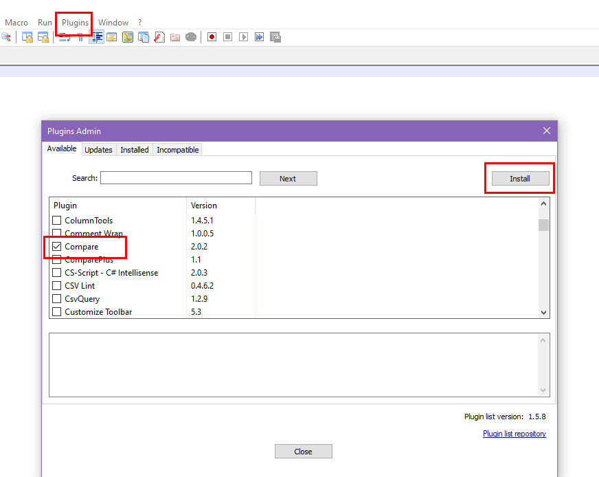 Installige programmis Notepad++ Compare plugin