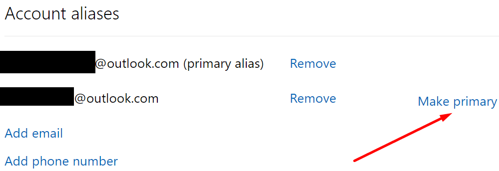 プライマリエイリアスをMicrosoftアカウントにする