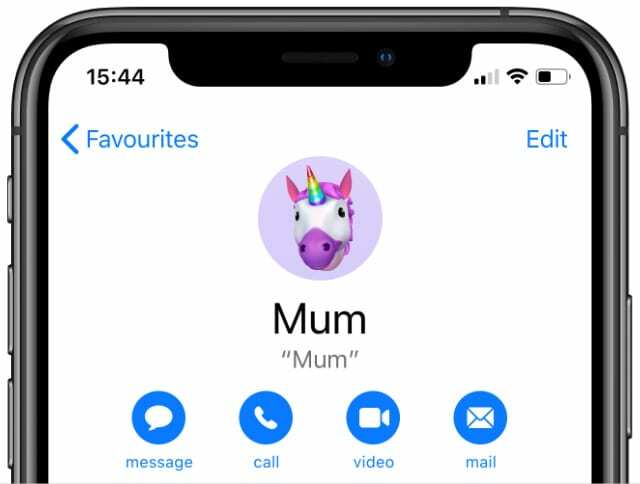 Contacto de iPhone que muestra el botón Editar y las opciones de contacto