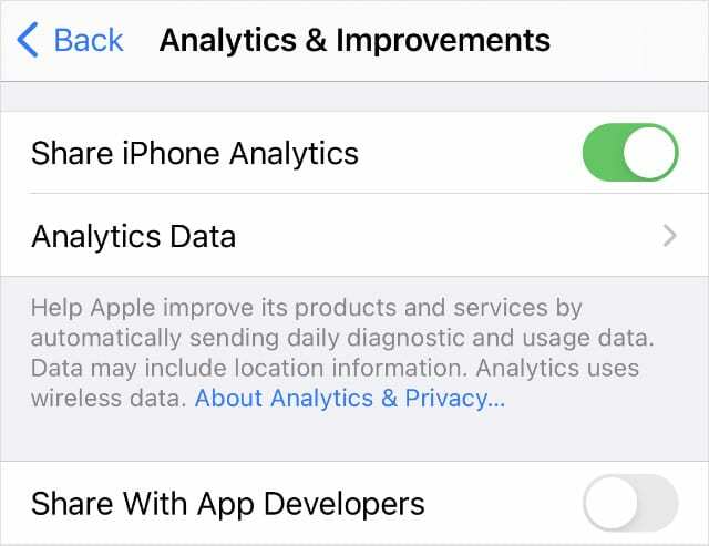 iPhone Analytics és fejlesztések beállításai