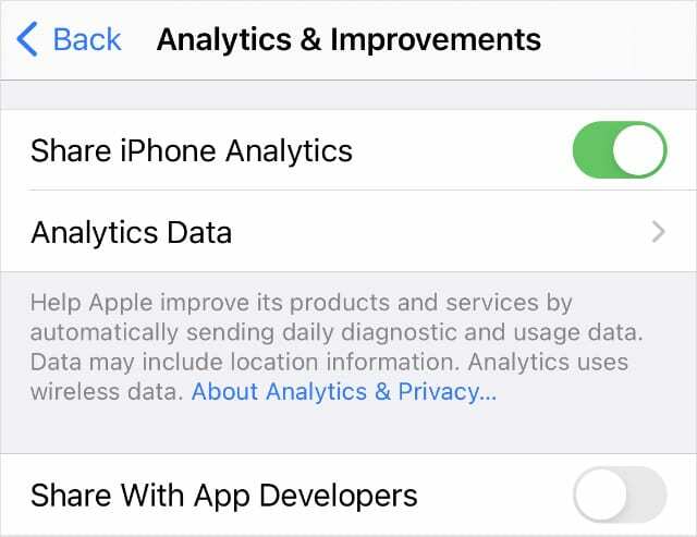 iPhone Analytics un uzlabojumu iestatījumi