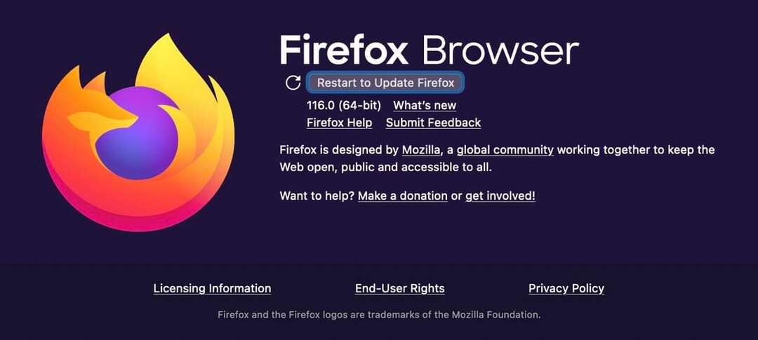 ตัวเลือกในการรีสตาร์ทเพื่ออัปเดต Firefox