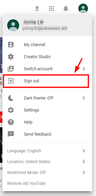 Deconectați-vă de la Contul Google pe care îl utilizați pentru a viziona YouTube
