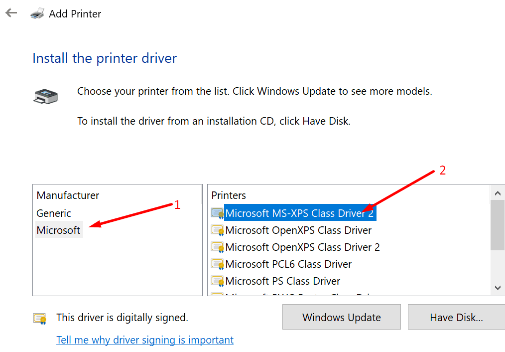 Microsoft XPS-Treiber hinzufügen