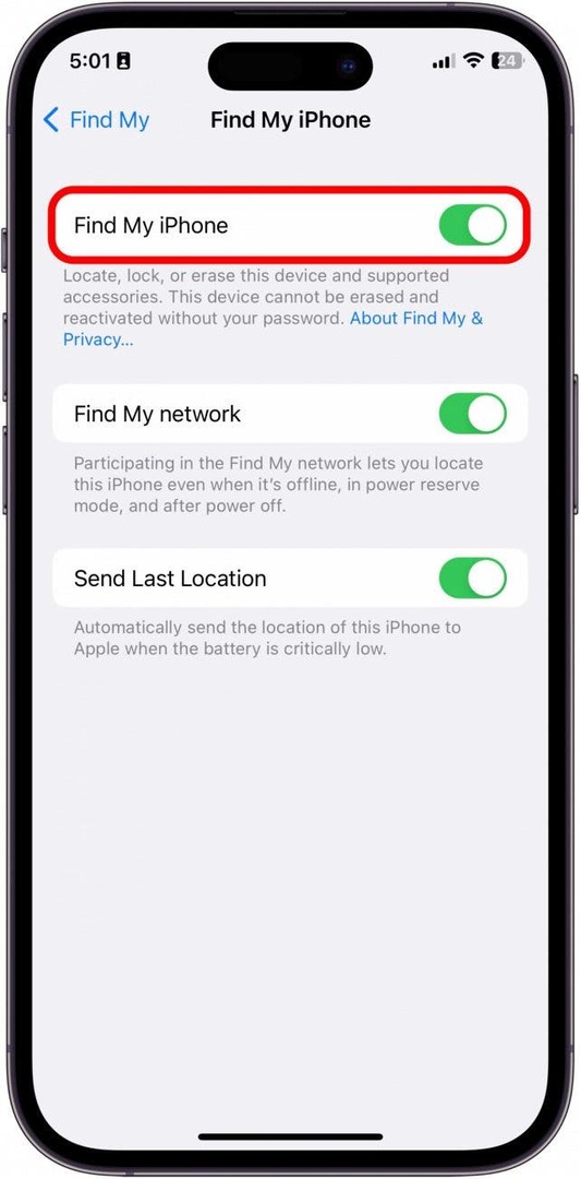 내 iPhone 찾기를 켜기로 전환합니다. 활성화되면 녹색이 됩니다.