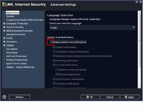 Option für AVG-Benachrichtigungen