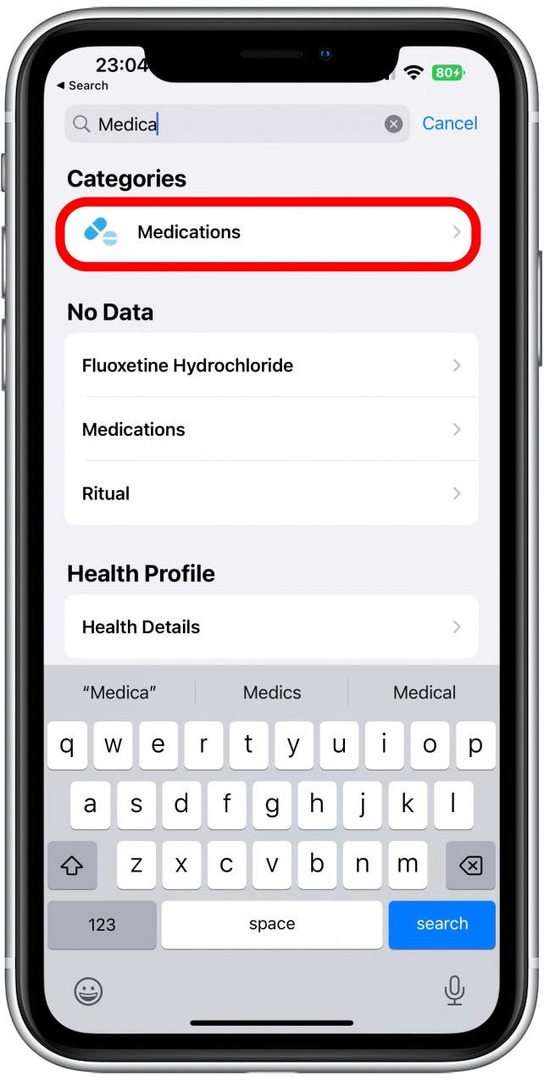 Потърсете „Медикаменти“ и го докоснете.