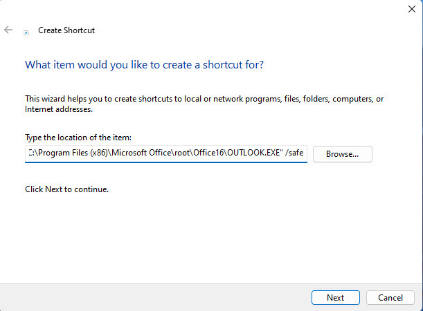 Kā atvērt programmu Outlook drošajā režīmā, izmantojot drošā režīma saīsni