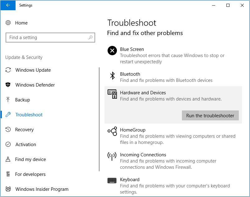 Fehlerbehebung mit der Hardware- und Geräte-Fehlerbehebung, um zu beheben, dass das Asus Touchpad nicht funktioniert