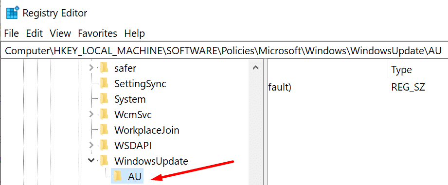 WindowsUpdate nøgleregistreringseditor