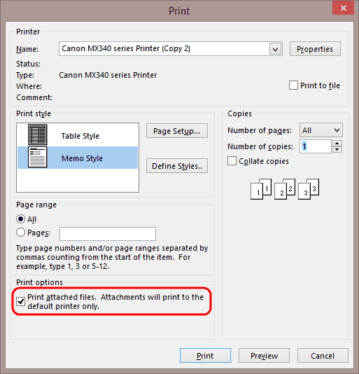 Alternativet Skriv ut bifogade filer i Outlook 2013