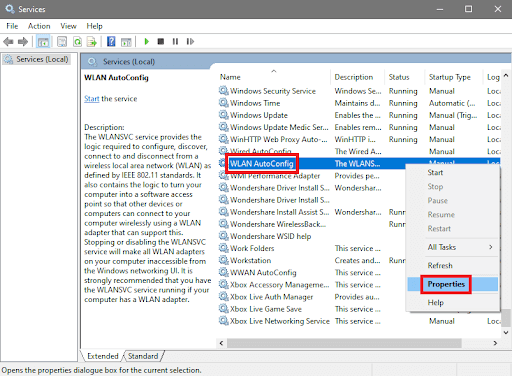 Propriedades de configuração automática de WLAN