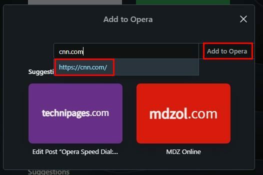 Dodaj web mjesto Opera brzog biranja
