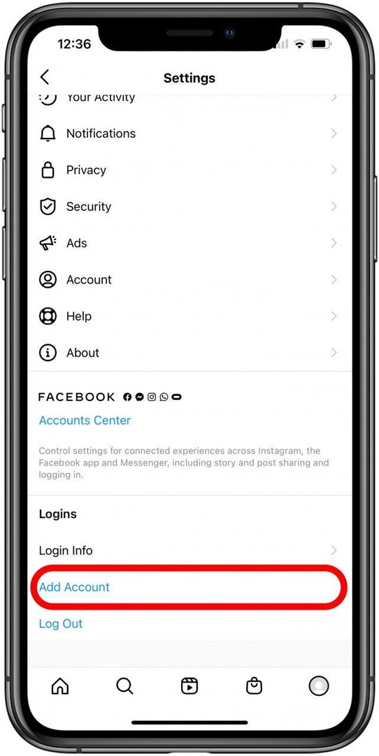 Πατήστε προσθήκη λογαριασμού για να προσθέσετε έναν νέο λογαριασμό Instagram.