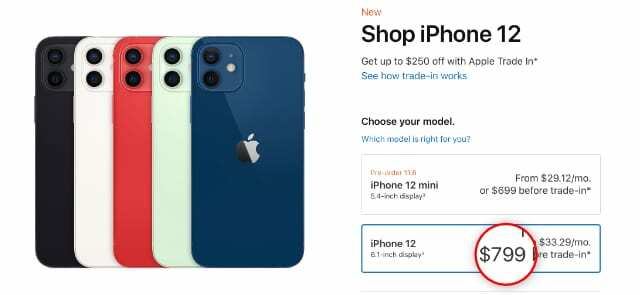 iPhone 12 Prix de 799 $ sur le site Web d'Apple