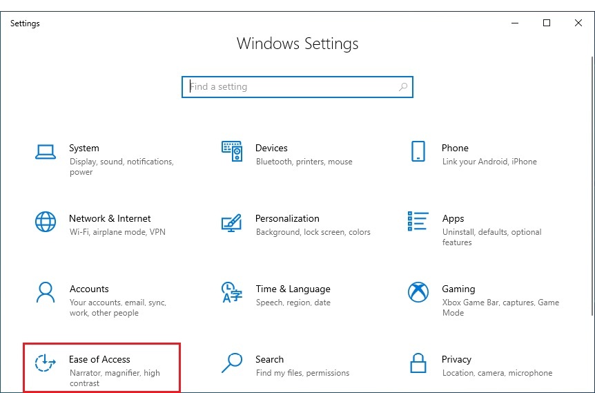 Choisissez la facilité d'accès dans les paramètres Windows