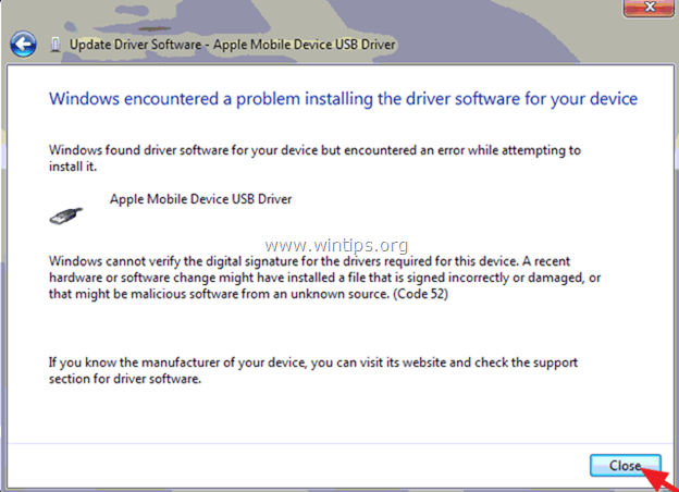 Windows encontró un problema al instalar el iPhone