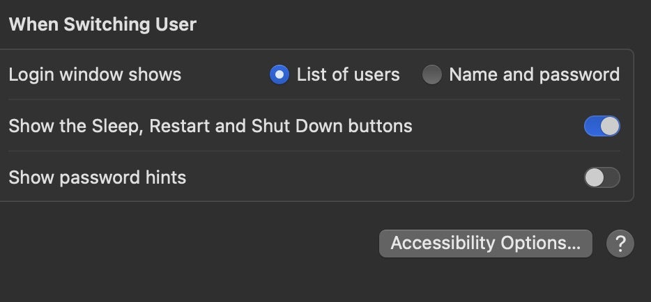Näyttökaappaus, joka näyttää erilaiset lukitusnäytön käyttäjäasetukset macOS: ssä