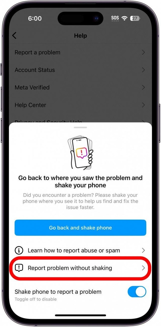 Instagram รายงานเมนูปัญหาพร้อมรายงานปัญหาโดยไม่เขย่าตัวเลือกที่วงกลมสีแดง