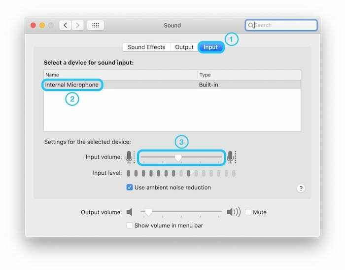 لقطة شاشة لصفحة إدخال الصوت من تفضيلات نظام macOS