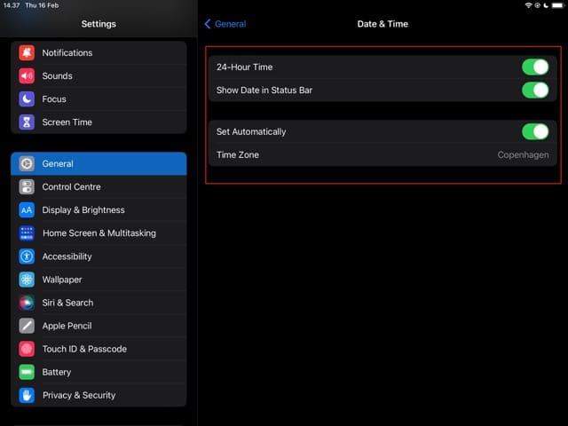 Captura de tela do iPad de configurações de data e hora