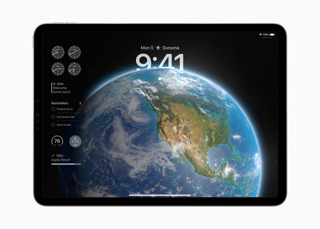 iPadOS 17 užrakinimo ekranas su valdikliais