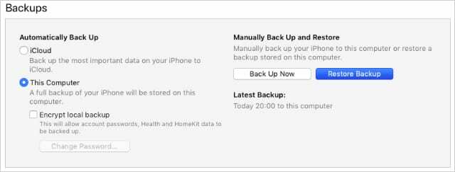 Botón Restaurar copia de seguridad en iTunes