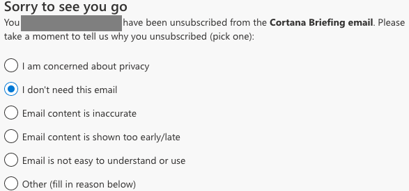 atsisakyti „Cortana“ informacinio el. laiško prenumeratos