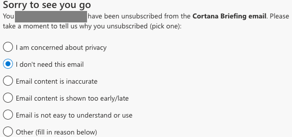 se désinscrire de l'e-mail de briefing cortana