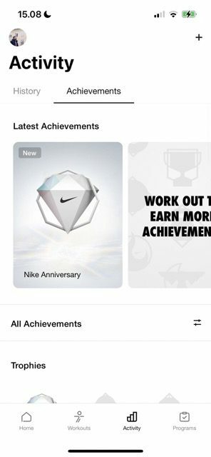 Ekrano kopija, kurioje rodomas „Nike Training Club“ pasiekimų sąrašas
