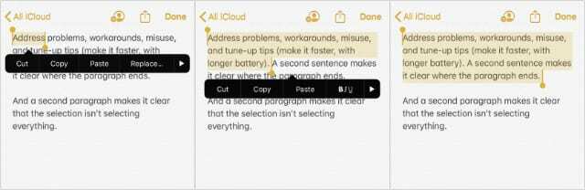 iOS 13의 단어, 문장 및 단락 선택