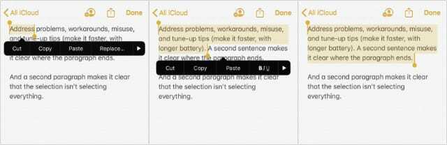 Selectare cuvinte, propoziții și paragrafe în iOS 13