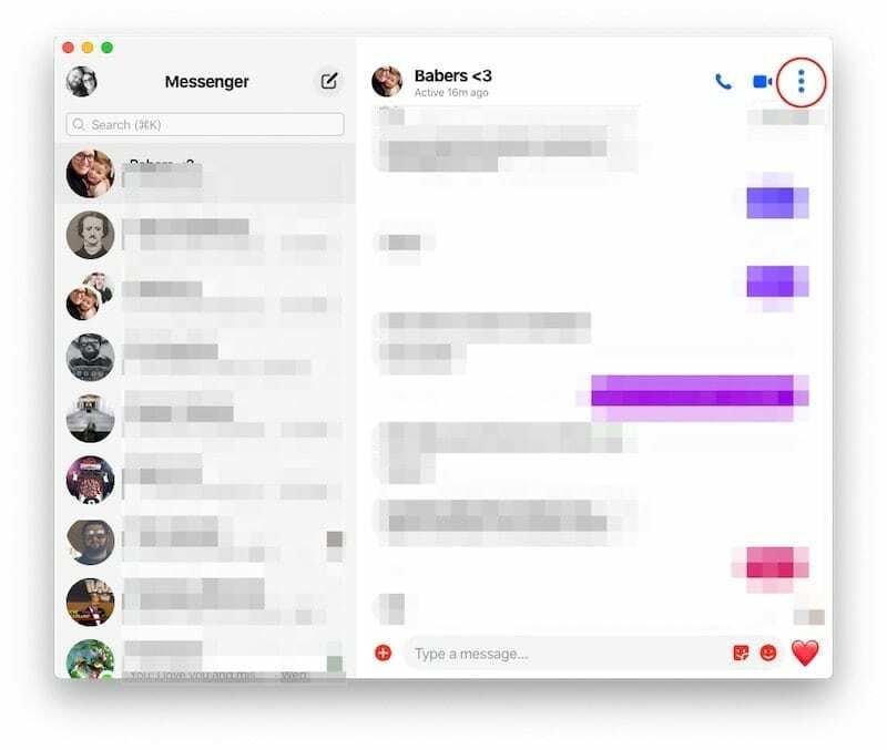 Overflow მენიუ Facebook Messenger Mac-ზე